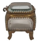 Antique French Beveled Glass Jewelry Casket Brass Box Footed Vintage