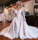 Mermaid Wedding Dresses With Detachable Train Long Sleeves V Neck Bridal Gowns