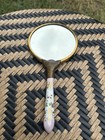 Vintage Handheld Vanity Mirror Brass Frame Floral Porcelain Handle 8 In