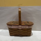 Vintage Wood Sewing Basket W  Handle  Hand Painted Floral Lid  Woven Wood 1971