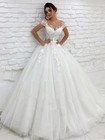 Elegant Tulle Wedding Dress A Line Sheer Neck Lace Appliques Button Bridal Gowns