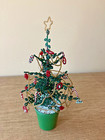 Vintage 1970s Handmade Green Seed Beaded Christmas Tree W  Ornaments   Star