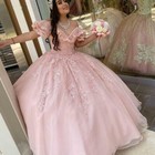 Pink Quinceanera Dresses Sweet 15 Lacy Neck Lace Appliques Brithday Ball Gown