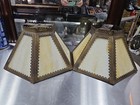 Vintage Slag Glass   Brass Lamp Shade Matching Pair Hexagon Shape Ornate Detail