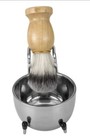 3pc Wooden Handle Badger Synthetic Shaving Brush Stand Holder Steel Mug Bowl Set