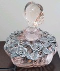Vintage Pink Glass Perfume Bottle W Heart-shapped Stopper   Pewter Flower Decor