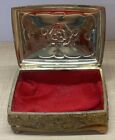 Vintage Brass Footed Trinket Box Casket Hinged Cloth Lined Floral Pink Rose