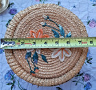 Vintage Wicker Woven Sewing Basket Box With Floral Design   Fabric Lining