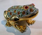 Vintage Bejeweled Frog Trinket Box Hinged Toad Gold Green Amber Crystal Jewel