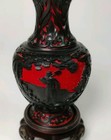 Chinese Cinnabar Lacquer Vase Black   Red Figural Farm Hand Carving 6  W  Stand