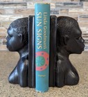 Vintage Heavy Ebony Wood Hand Carved African Tribal Figure Bust Book Ends