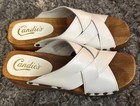 Vtg Y2k White Leather Candies Wood Platform Sandals Clogs Sz 10 Hippie Woodstock