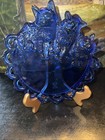 Vintage Westmoreland Cobalt Blue Glass Lace Edge Three Kitten Cat Plate 8 