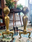 Stamped 1776 Brass Cannonball Fireplace Andirons Black Iron Backs Colonial Style