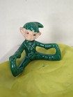 Vintage Ceramic Green Elf Pixie Sitting On 6    Leaf Trinket Candy Dish