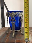 Vintage 6 1 2    Brass Cherub 5 Footed Base Cobalt Blue Glass Vase
