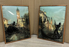2 Vintage Reverse Painted Black Silhouette Convex Glass Pictures  6  X 8  Nice 