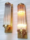 Pair Vintage Art Deco Brass   Ribbed Glass Rod Light Fixture Wall Sconces Lamp