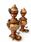 Vintage Copper Samovar Pair Set Handmade Etched Persian Turkish Tea Urn Kettle