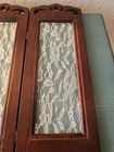 Vintage Minature 3 Panel Room Divider  Wood Scrollwork  White Lace Windows-very