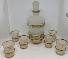 Vintage Mcm Bohemian Frosted Glass Decanter Set Gold Bands 6 Shot Glasses Czech