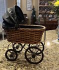 Vtg  Baby Doll Carriage Stroller Buggy Victorian Style Wicker   Canvas 18  W 17 