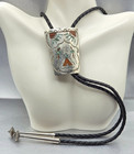 Vintage Navajo Nakai Sterling Turquoise Coral Inlay Peyote Bird Bolo Tie