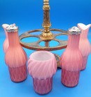 Pink Case Glass Cruet Castor Set Gold Tone Holder 5 Bottles Mount Mt Washington