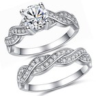 Real Silver Engagement Rings Women Unique Wedding Rings  Round Cut Cz Bridal Set