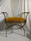 Vintage Hollywood Regency Style Vanity Stool Bench Gold Olive Green Fringe 70s