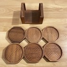 Hand Carved Teak Wood Coasters Vintage 80s Retro Mcm Set Of 6 W Holder Thailand