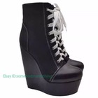Black Lace Up Heel Boots Women Wedge Platform Shoes Chunky Heeled Stiletto Heels