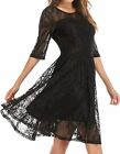 Women s Vintage Crew Neck 3 4 Sleeve Lace Flared Swing Cocktail Swing Dress Bk S