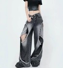 Women s Blue Black Denim Jeans Straight Leg Tassels Hollow Holes Pants Trousers