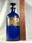 Antique Cobalt Blue Apothecary Pharmacy Bottle Gold Label W  Stopper 1870s Vtg