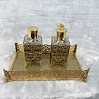 Vintage Gold Vanity Mirror Tray  Perfume Bottles Filigree Hollywood Regency Set