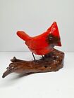 Vintage Hand Carved Cardinal On Wood Base Realistic Cardinal 