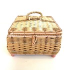 Vintage Wicker Sewing Basket Pink Satin Tufted Lining Footed Knitting Box
