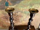 Pair Antique 12 1 4 Inch  English Oak Barley Twist Candlesticks