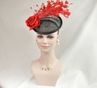 Red Feather Flower With Sinamay Fascinator Hat Kentucky Derby Wedding    