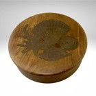 Brass Seashells Inlay Wooden Trinket Box Round Coastal Nautical Beach Theme Vtg