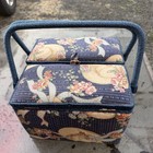 Vintage Sewing Basket Floral Blue Handles Organizer Kit W Supplies- Sewing Box