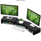3 Wood Dual Monitor Stand Risers With Length And Angle Adjustable  Black