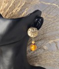 Vintage Earrings Unique Gold Painted Base W  Orange Dangle Beads Used Jewelry
