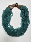 Vintage Konyak Naga Teal Glass Bead Necklace W Crochet-button Closure