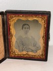 Antique Victorian Tintype Photo Of Woman Set In Leather And Velvet Case