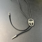 Vintage Silver   Black Sterling Bolo Tie Horse Saddle Etched Oval 1970 s Cowboy