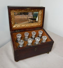 Antique Indian Rajasthan Scent Cellar 8 Bottles In A Marquetry Brass Inlayed Box