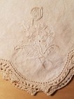 Antique Ecru Linen Wedding Handkerchief embroidered Bouquet ecru Crochet Lace