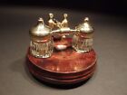 Vintage Antique Style Gold Brass Hardwood W 2 Clear Glass Inkwell Bottles Pots  
